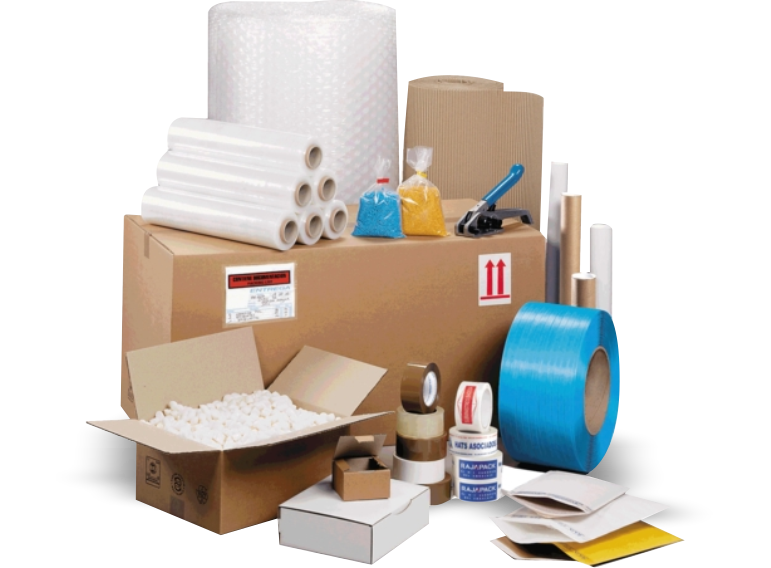 Various packing supplies including boxes, bubble wrap, tape, and more